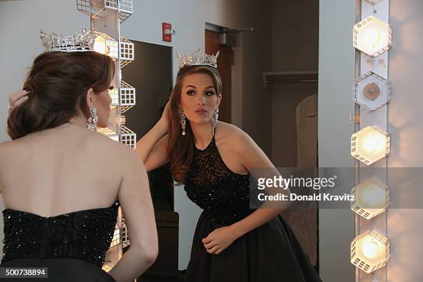 Betty Cantrell, Miss America 2016 dresses before she performs With The Philly Pops at Kimmel Center for the Performing Arts on December 9, 2015 in...