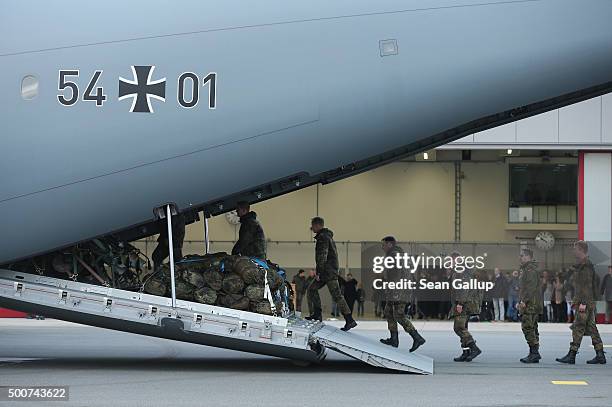 Forty members of the Bundeswehr, the German armed forces, board a Luftwaffe A-400M transport plane destined for Incirlik airbase in Turkey as part of...