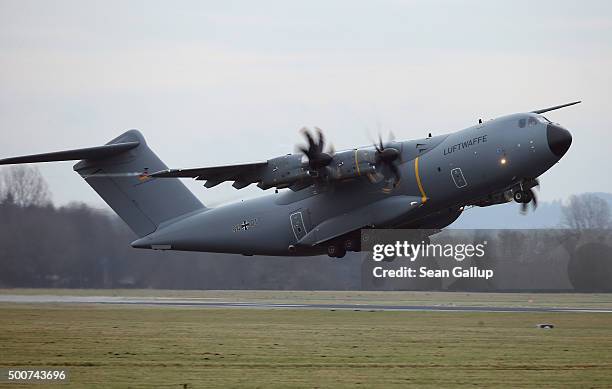 Luftwaffe A-400M plane transporting 40 Bundeswehr members and their equipment departs for Incirlik airbase in Turkey as part of Germany's...