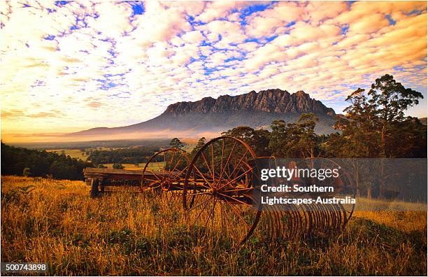 rusting old agricultural machinery sitting in a filed near mount roland, central tasmania. - roland stock-fotos und bilder