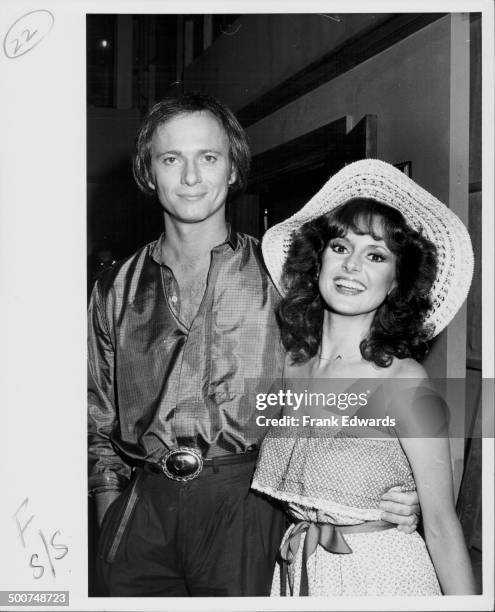 Actors Tony Geary and Jackie Zeman, posing together on the set of the television show 'General Hospital', at ABC Studios, June 22nd 1979.