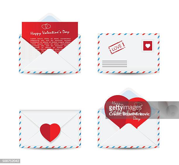 set of valentines day envelopes with paper red hearts - love letter stock illustrations