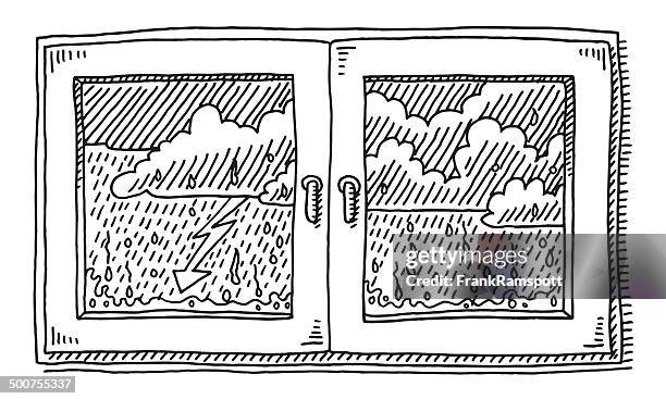 closed window rain weather drawing - rain window stock illustrations