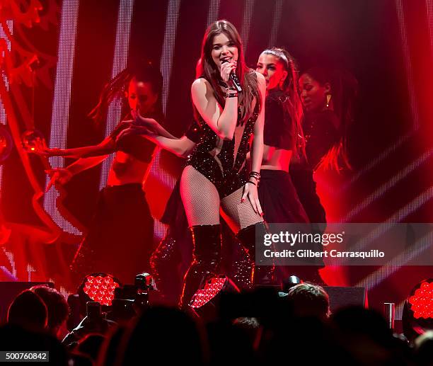 Actress/model/singer Hailee Steinfeld performs onstage during Q102's Jingle Ball 2015 presented by Capital One at Wells Fargo Center on December 9,...