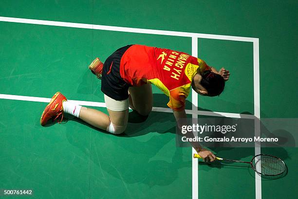 Wang Shixian of China reacts in the Women,s Singles match against Ratchanok Intanon of Thailanda during day two of the BWF Dubai World Superseries...