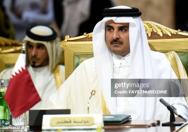 Qatar's Emir Sheikh Tamim bin Hamad Al-Thani attends the second day of the 136th Gulf Cooperation Council summit held in Riyadh, on December 10, 2015...