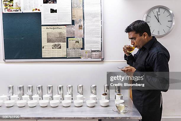 Kaushal Dugar, founder and chief executive of of Teabox, tastes tea in his office in Siliguri, West Bengal, India, on Tuesday, Dec. 8. 2015. Startup...