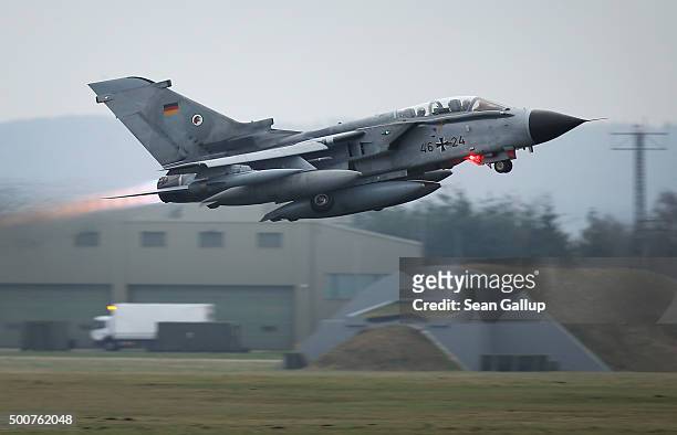 Bundeswehr Luftwaffe ECR Tornado reconaissance jet departs for Incirlik airbase in Turkey as part of Germany's participation in the international...