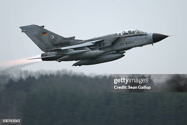 Bundeswehr Luftwaffe ECR Tornado reconaissance jet departs for Incirlik airbase in Turkey as part of Germany's participation in the international...