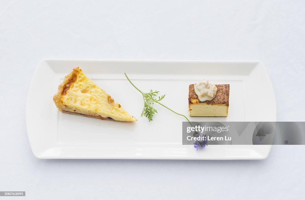 Pie and cake on white plate