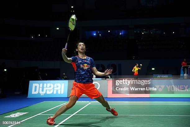 Shixian Wang of China in action against Ji Hyun Sung of Korea in the Women's Singles match during day two of the BWF Dubai World Superseries 2015...