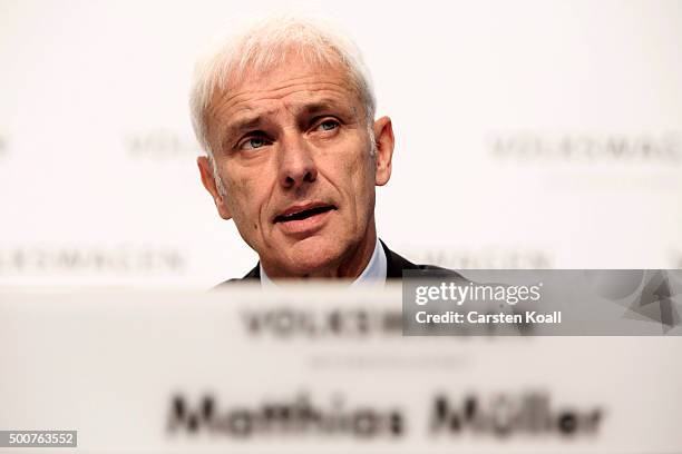 Volkswagen Group Chairman Matthias Mueller speaks to the media at a press conference to announce the latest update in the company's handling of the...