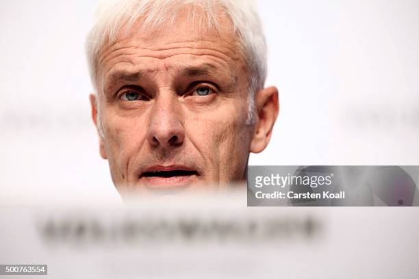 Volkswagen Group Chairman Matthias Mueller speaks to the media at a press conference to announce the latest update in the company's handling of the...