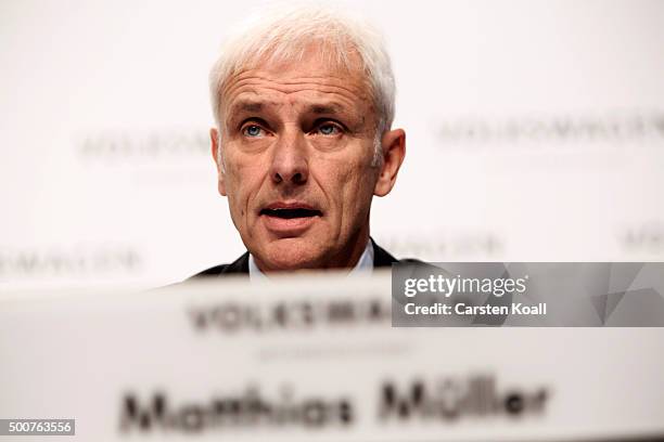 Volkswagen Group Chairman Matthias Mueller speaks to the media at a press conference to announce the latest update in the company's handling of the...