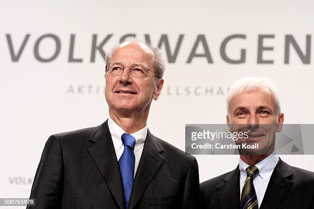 Hans Dieter Poetsch , Chairman of the Supervisory Board of Volkswagen AG, and Volkswagen Group Chairman Matthias Mueller , arrive to the press...