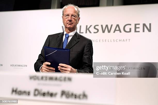 Hans Dieter Poetsch, Chairman of the Supervisory Board of Volkswagen AG, arrives to the press conference to announce the latest update in the...