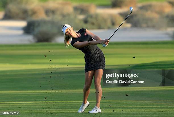 Paige Spiranac of the United States plays her second shot on the par 4, 16th hole during the second round of the 2015 Omega Dubai Ladies Masters on...