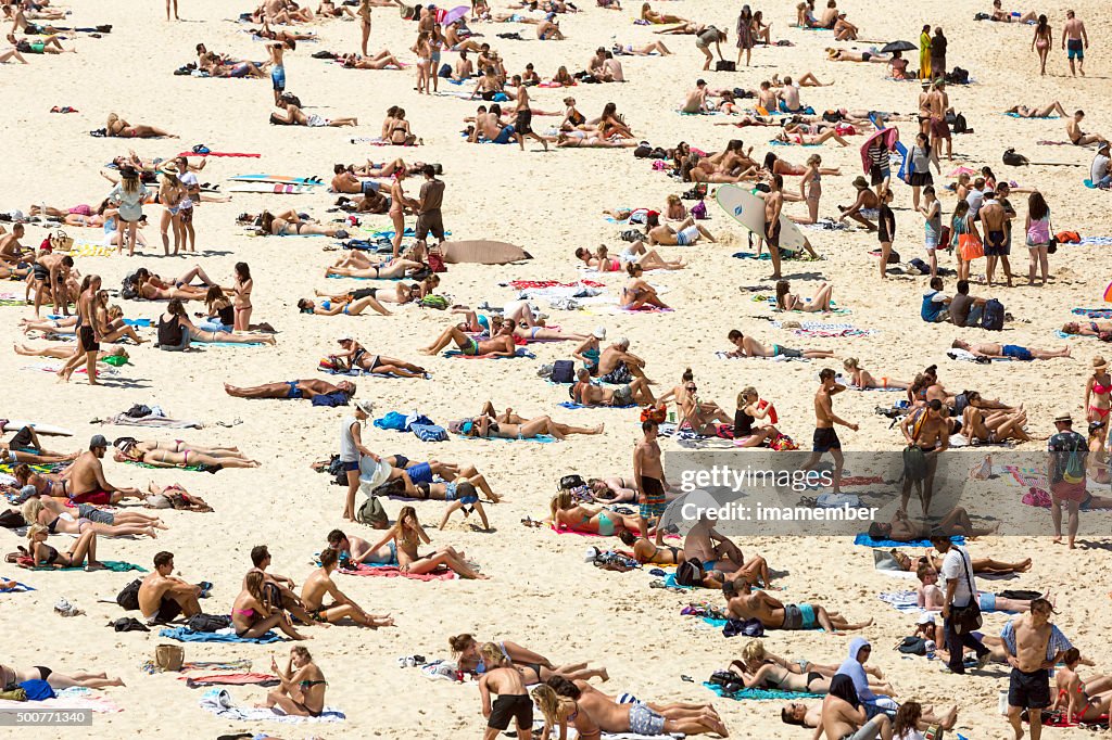 Crowded beach in hot summer day, Bondi beach Sydney Australia