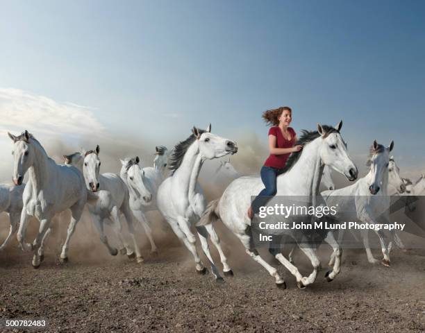 mixed race woman riding wild horse in desert - op hol slaan stockfoto's en -beelden