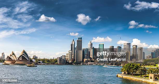 cityscape of sydney downtown and harbor bridge - australia panoramic stock pictures, royalty-free photos & images