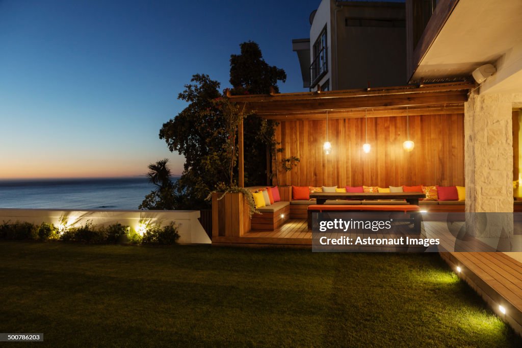 Illuminated patio at night