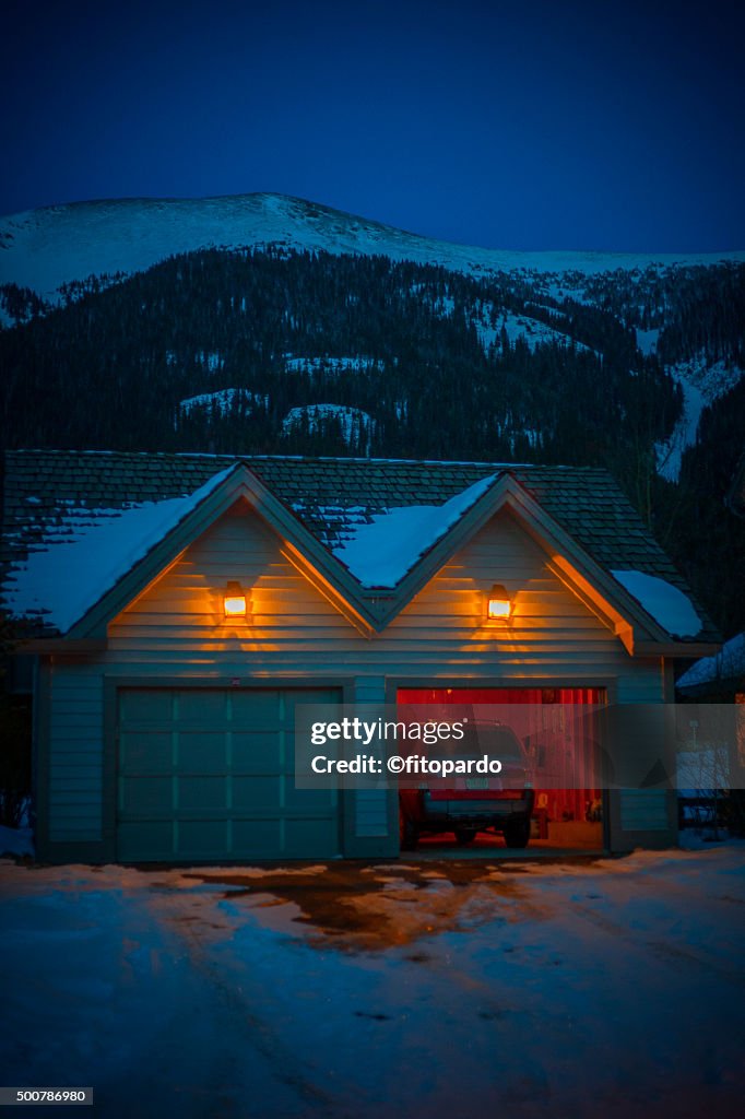 Snow country Open Garage at night