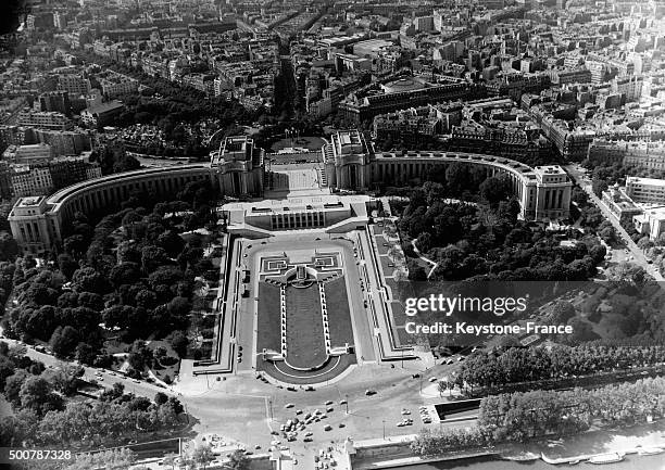 The Trocadéro and the Palais de Chaillot seen from the top of the Eiffel Tower in July 1963 in Paris, France.