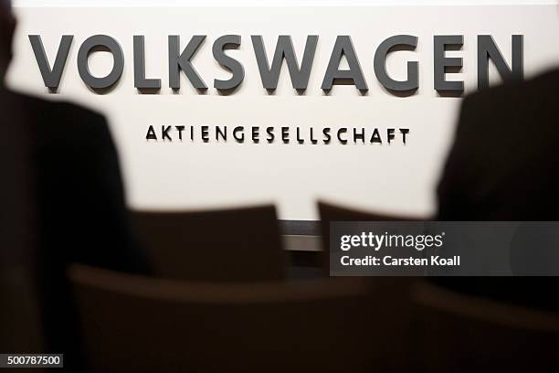 Volkswagen" is written on a bord at a press conference to announce the latest update in the company's handling of the engine emissions scandal on...