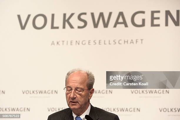Hans Dieter Poetsch, Chairman of the Supervisory Board of Volkswagen AG, attends a press conference to announce the latest update in the company's...