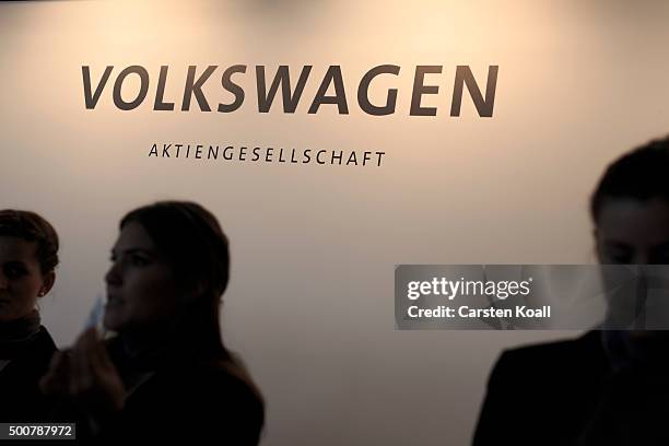 Volkswagen" is written on a bord at a press conference to announce the latest update in the company's handling of the engine emissions scandal on...