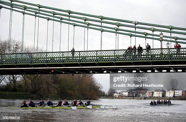 Oxford's "Scylla" crew lead "Charybdis" as they go under Hammersmith Bridge during the Newton Women's University Boat Race Trial 8's on The River...