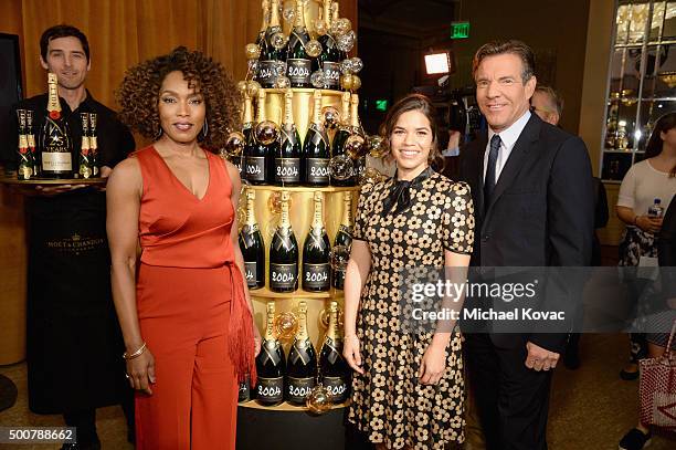 Actors Angela Bassett, America Ferrera and Dennis Quaid attend the Moet & Chandon Toast at The 73rd Annual Golden Globe Awards Nominations at The...