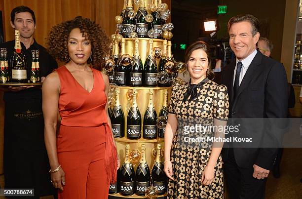 Actors Angela Bassett, America Ferrera and Dennis Quaid attend the Moet & Chandon Toast at The 73rd Annual Golden Globe Awards Nominations at The...