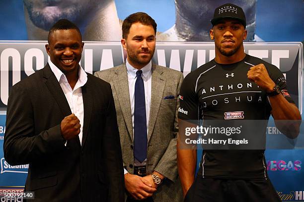 Boxers Dillian Whyte and Anthony Joshua face off during the Anthony Joshua & Dillian Whyte Head-to-Head Press Conference at the Four Seasons Hotel on...
