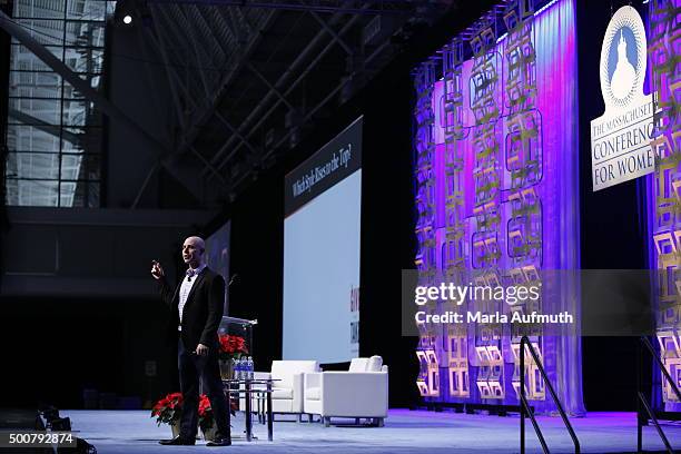 Adam Grant, teacher, Wharton School, speaks on stage during Massachusetts Conference For Women at Boston Convention & Exhibition Center on December...
