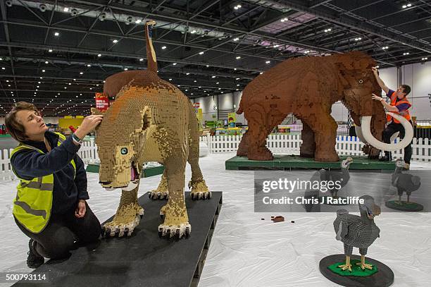 Husband and wife Annie Diment and Ed Diment, put the final bricks in place on their Ice Age display, with a Lego wolly mammouth made from 400,000...