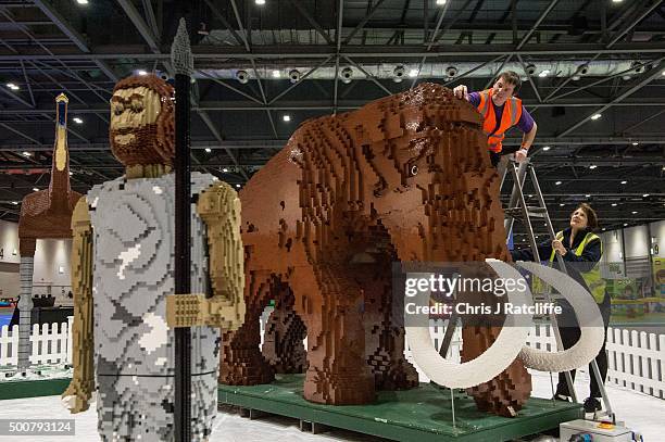 Husband and wife Annie Diment and Ed Diment, put the final bricks in place on their Ice Age display, with a Lego wolly mammouth made from 400,000...