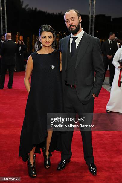 Actors Ahd Kamel and Ali Suliman attend the "Zinzana " premiere during day two of the 12th annual Dubai International Film Festival held at the...