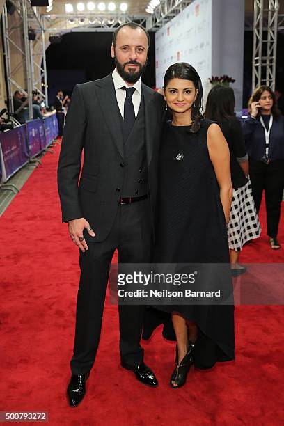 Actors Ali Suliman and Ahd Kamel attend the "Zinzana " premiere during day two of the 12th annual Dubai International Film Festival held at the...