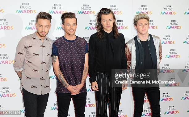 Liam Payne, Louis Tomlinson, Harry Styles and Niall Horan of One Direction attend the BBC Music Awards at Genting Arena on December 10, 2015 in...