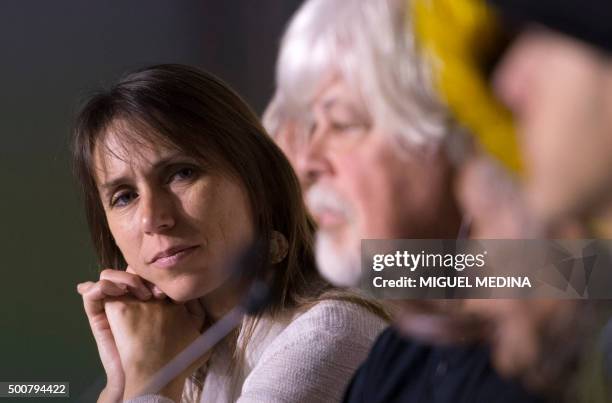 Militant of the citizen movement "End Ecocide on Earth" Valerie Cabanes attends a press conference with the leader of the environmentalist...