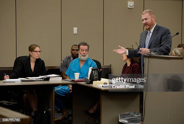 Robert Lewis Dear listens to his attorney Daniel King during an outburst in court December 09, 2015 in Colorado Springs, Colorado. El Paso County...