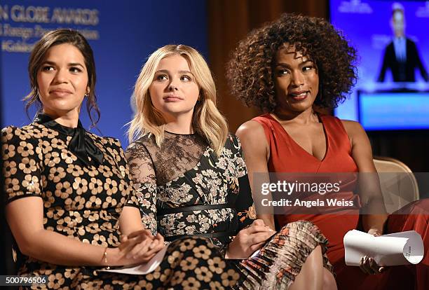 Actors America Ferrera, Chloe Grace Moretz and Angela Bassett attend the 73rd Annual Golden Globe Awards nominations announcement at The Beverly...