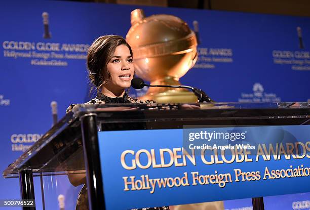 Actress America Ferrera attends the 73rd Annual Golden Globe Awards nominations announcement at The Beverly Hilton Hotel on December 10, 2015 in...