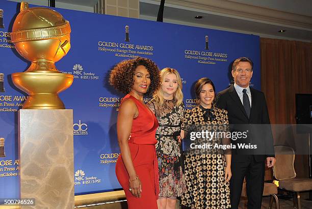 Actors Angela Bassett, Chloe Grace Moretz, America Ferrera and Dennis Quaid attend the 73rd Annual Golden Globe Awards nominations announcement at...