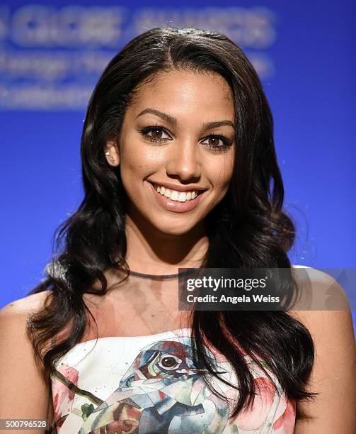 Miss Golden Globes 2016 Corinne Bishop attends the 73rd Annual Golden Globe Awards nominations announcement at The Beverly Hilton Hotel on December...