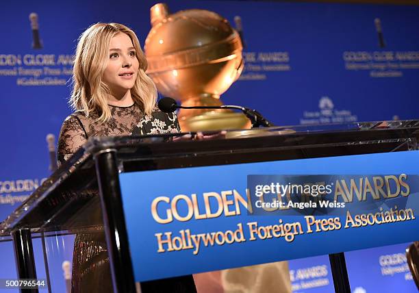 Actress Chloe Grace Moretz attends the 73rd Annual Golden Globe Awards nominations announcement at The Beverly Hilton Hotel on December 10, 2015 in...