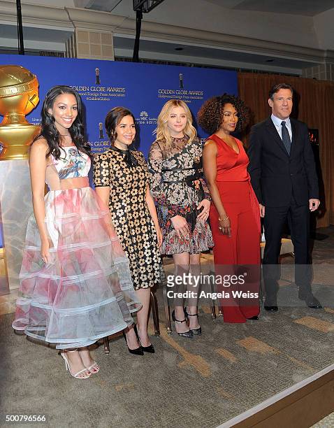 Miss Golden Globe 2016 Corinne Bishop, actors Angela Bassett, Chloe Grace Moretz, America Ferrera and Dennis Quaid attend the 73rd Annual Golden...