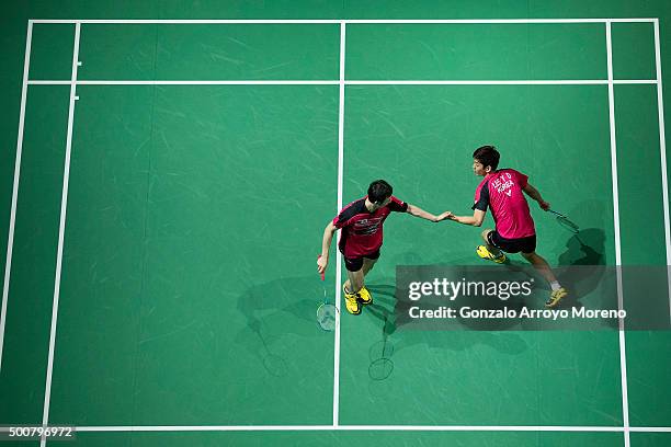 Lee Yong Dae and Yoo Yeon Seong of Korea celebrates in the Men's Doubles match against Mohammad Ahsan and Hendra Setiawan of Indonesia during day two...