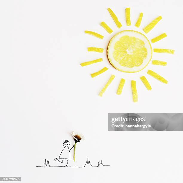 illustration of a girl holding a daisy flower - lemon stock-grafiken, -clipart, -cartoons und -symbole